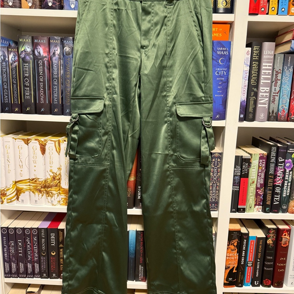 love, Fire Olive Wide Leg SatinCargo Pants